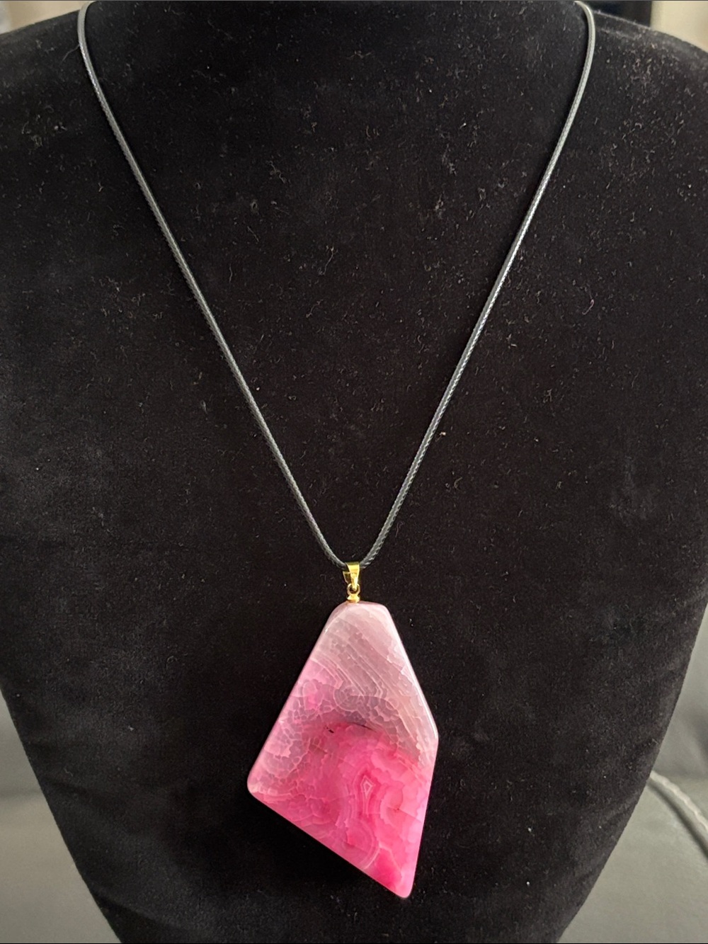Pink Agate Pendant Necklace on Black Cord